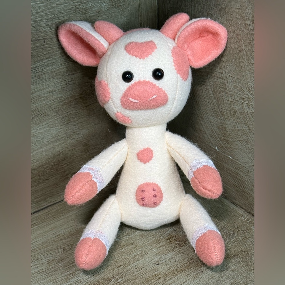 🐮 Handmade Cow Plush – Pretty in Pink with Embroidered Flower Detail 🌸
